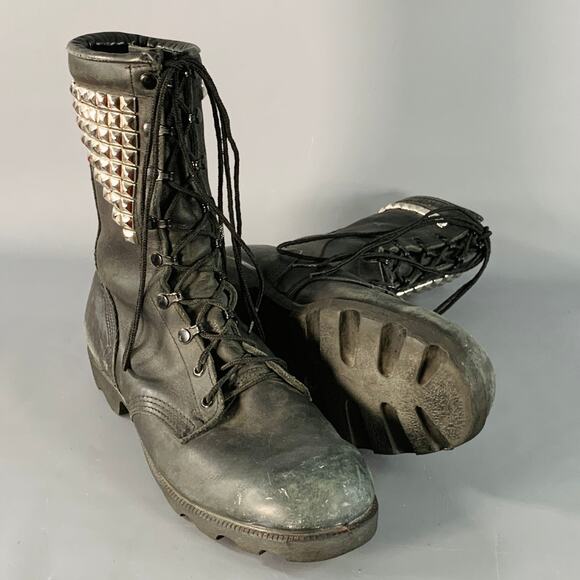 RO SEARCH Vintage Size 11 Black Silver Studded Leather Lace-Up Military Boots main image 4